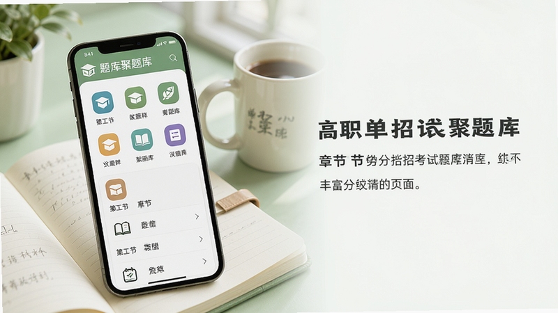 高职单招考试聚题库 题库分类页面,画面展示手机屏幕内整齐排列的科目图标与章节列表,背景为淡绿色学习场景,桌面上放着笔记本和咖啡杯,手机位于画面偏左位置,右侧留白用于展示文字说明,整体色调柔和,突出题库丰富与分类清晰的特点