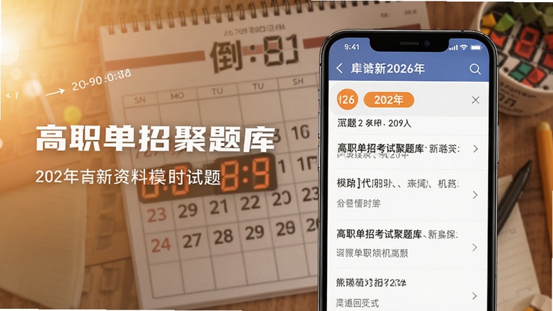 高职单招考试聚题库 2026年模拟试题页面,画面展示手机屏幕内的试卷列表与年份标签,背景为日历与倒计时元素,手机位于画面中央偏右,左侧有柔和光效,整体色调偏暖,突出备考紧迫感与资料更新及时的特点