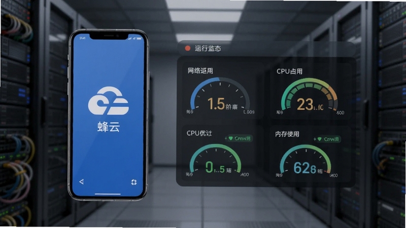 蜂云手机运行状态监控面板,画面显示一台虚拟手机旁有网络延迟、CPU占用、内存使用等数据仪表盘,背景为深灰色机房环境,光线柔和,突出运行优化与监控主题