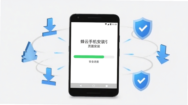 蜂云手机安装引导页面示意,画面中央为一部安卓手机显示安装进度条,周围环绕下载箭头与安全盾牌图标,背景为浅灰色简洁风格,突出安全下载与安装主题