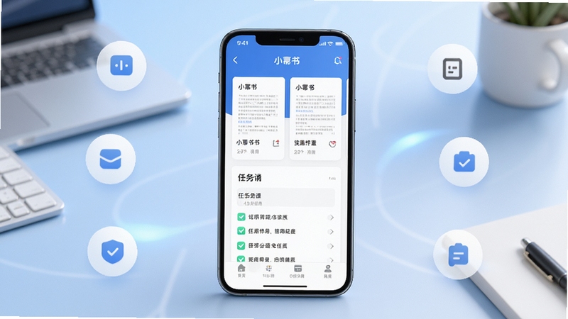 小幂书应用主界面全貌展示,画面中央放置一部智能手机,屏幕内呈现小幂书应用首页清爽布局,包含文档卡片与任务列表元素,背景为浅蓝渐变办公桌面区域,周围点缀简约图标与柔和光影,整体风格现代商务,适配Boogu模型生成,突出小幂书品牌标识与移动办公氛围