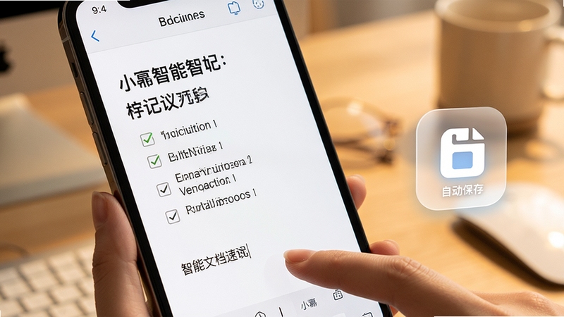 小幂书智能文档速记功能界面特写,手机屏幕显示正在编辑的会议纪要文档,包含勾选框列表与加粗标题,手指轻触屏幕输入文字,背景为柔和暖色办公桌区域,画面右侧漂浮半透明保存图标,体现自动保存特性,风格清新简洁,适配Boogu模型生成