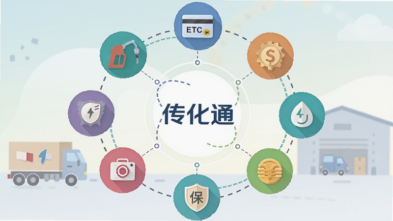 画面中央是一个由多个彩色圆形图标组成的生态圈,中心是“传化通”Logo,周围环绕着加油枪、ETC卡片、保险盾牌、金币等图标,图标之间用虚线连接,背景是柔和的渐变色,有卡车和仓库的淡色剪影,整体风格现代、扁平化,色彩丰富但不刺眼,表达一站式物流服务生态