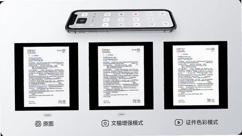 智云扫描画质增强模式对比展示图,画面中央横向排列三张同一文档的扫描效果图,从左到右依次为原图、文档增强模式、证件色彩模式,每张图下方配有简洁图标标识,背景为浅灰色渐变,手机界面元素悬浮在图片上方,整体风格干净利落,突出多模式输出与画质优化能力