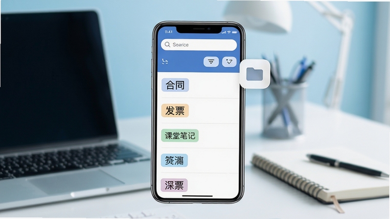 智云扫描文档管理界面展示图,画面中央一部手机屏幕内呈现文档列表页面,列表项包含合同、发票、课堂笔记等分类标签,顶部有搜索框与筛选按钮,右侧悬浮新建文件夹图标,背景为浅蓝色虚化办公环境,桌面摆放笔记本电脑与笔记本,整体风格清爽有序,突出分类归档与快速检索功能