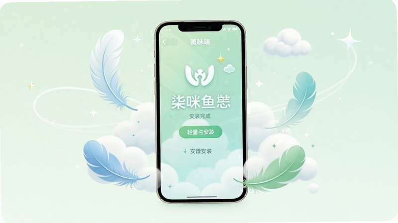 柒咪鱼服务端轻量安装概念图,画面主体为一部手机周围环绕着羽毛和云朵元素,象征软件轻巧不占空间,手机屏幕显示柒咪鱼服务端安装完成界面,背景为柔和的浅绿色调,整体风格简约清新
