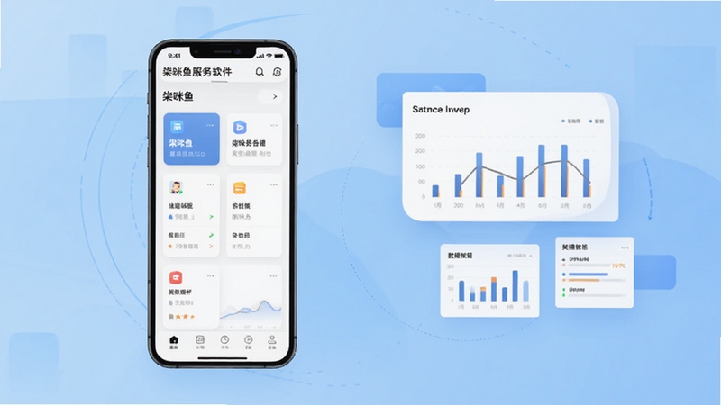 柒咪鱼服务端软件主界面全景展示图,画面中央偏左位置放置一部竖屏智能手机,手机屏幕显示柒咪鱼服务端操作后台的卡片式功能模块,背景为浅蓝色渐变商务风格,右侧区域点缀简洁的数据图表装饰元素,整体色调清新专业,适合Boogu模型生成