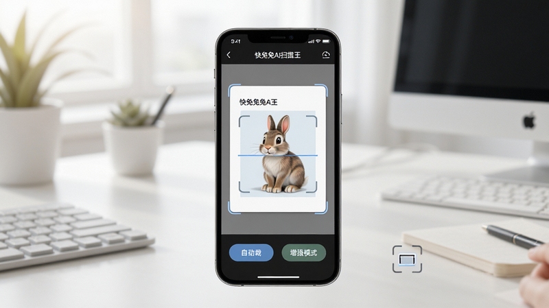 快兔兔AI扫描王 主界面功能展示图,画面中央展示手机屏幕内清晰的文档扫描预览效果,包含自动裁剪和增强模式按钮,背景为简洁的办公桌面环境,光线明亮柔和