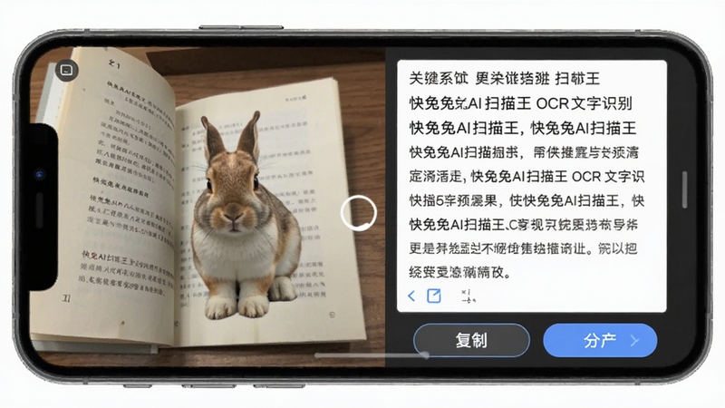 快兔兔AI扫描王 OCR文字识别结果界面图,画面展示手机屏幕上左边是书籍页面照片,右边是识别出的整齐文字段落,界面带有复制和导出按钮,整体风格简洁科技感