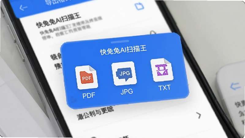 快兔兔AI扫描王 导出格式选择界面图,画面展示手机屏幕弹出导出菜单,包含PDF、JPG、TXT等图标选项,背景为虚化的文档列表,色调以蓝白为主,体现高效办公氛围