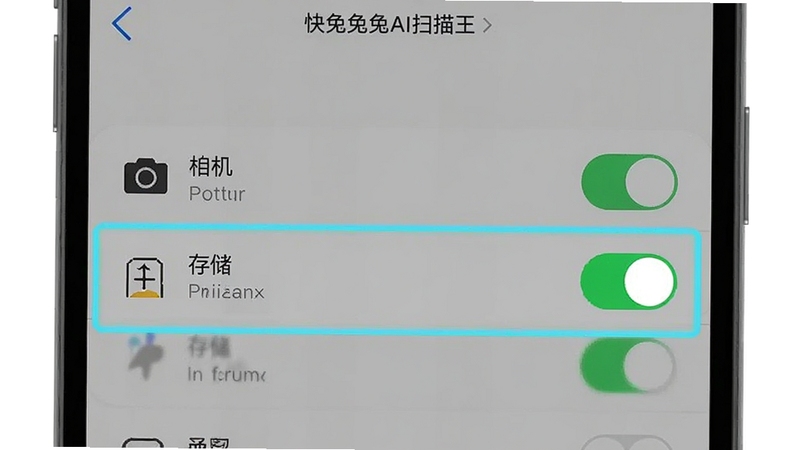 快兔兔AI扫描王 权限设置界面示意图,画面展示手机设置页面的权限开关列表,相机和存储权限被高亮标注为开启状态,背景为浅灰色,界面清晰易读