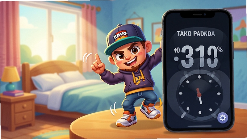 TAVO跳舞闹钟软件界面中卡通角色正在跳街舞,背景是清晨卧室,手机屏幕显示闹钟时间,色彩明亮活泼,细节丰富
