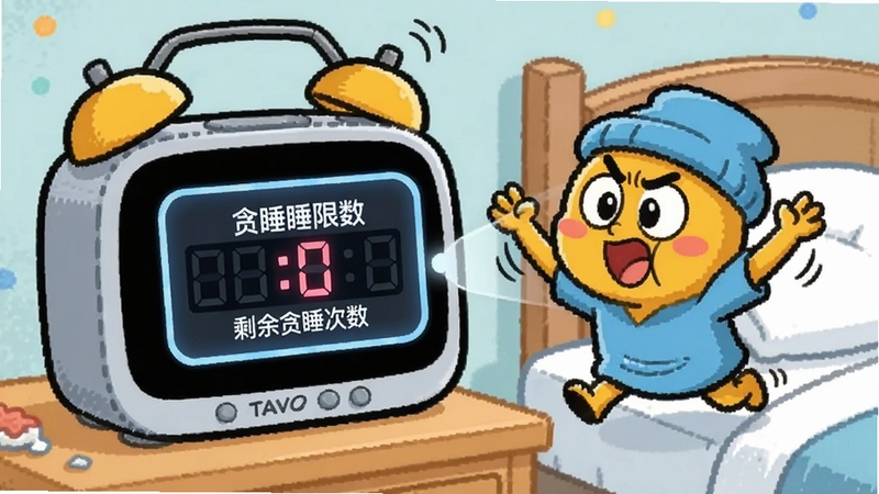 TAVO跳舞闹钟弹出贪睡限制提示框,屏幕显示剩余贪睡次数为零,卡通角色做出催促起床的动作