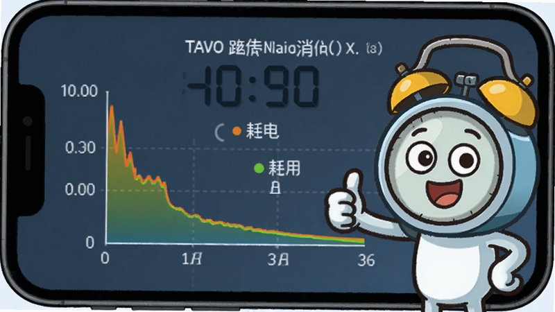 TAVO跳舞闹钟在手机后台运行时的电量消耗统计图,显示极低耗电,旁边有卡通角色竖大拇指