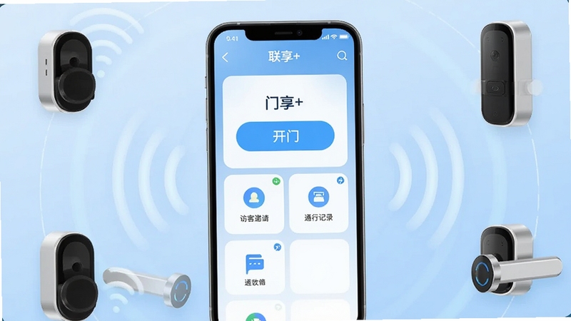 一款名为联享+的智能手机应用界面展示图,画面中心是一部竖屏手机,屏幕内清晰呈现联享+门禁管理主界面,包含开门按钮、访客邀请、通行记录等模块图标,背景为浅蓝色渐变科技风格,四周环绕智能门禁设备与无线信号波纹元素,整体色调清新简洁,适配Boogu模型生成,画面比例为16:9