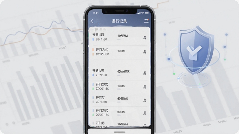 联享+通行记录查询界面示意图,画面中心为手机屏幕展示通行记录列表,包含日期、时间、开门方式等条目,背景为淡灰色数据图表与盾牌安全图标,整体风格简洁专业,适配Boogu模型生成