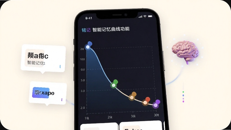 铭记英语智能记忆曲线功能界面,手机屏幕显示一条平滑下降的遗忘曲线与多个彩色复习节点,旁边有单词卡片和大脑图标,背景为柔和米白色,科技感与教育感结合