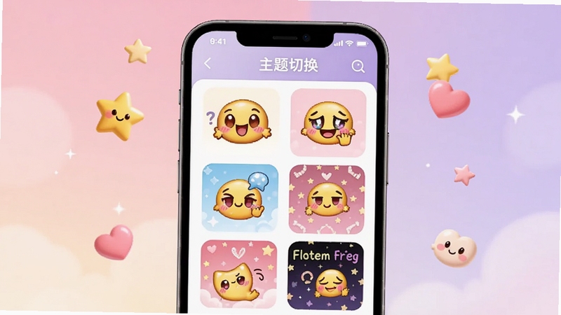 逗很好表情包与主题切换界面,画面中央是手机屏幕展示多种卡通风格表情包和主题皮肤选项,背景区域为柔和的粉紫色渐变,周围散落星星和爱心装饰元素,整体风格可爱温馨