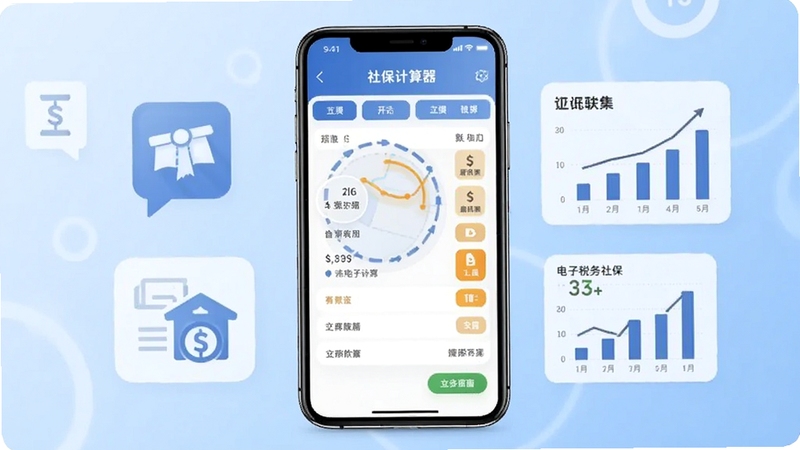 电子税务社保计算软件主界面展示,画面中央为手机屏幕显示社保计算器界面,背景为淡蓝色渐变,包含税务图标与数据图表元素,整体风格简洁商务,适配Boogu模型生成