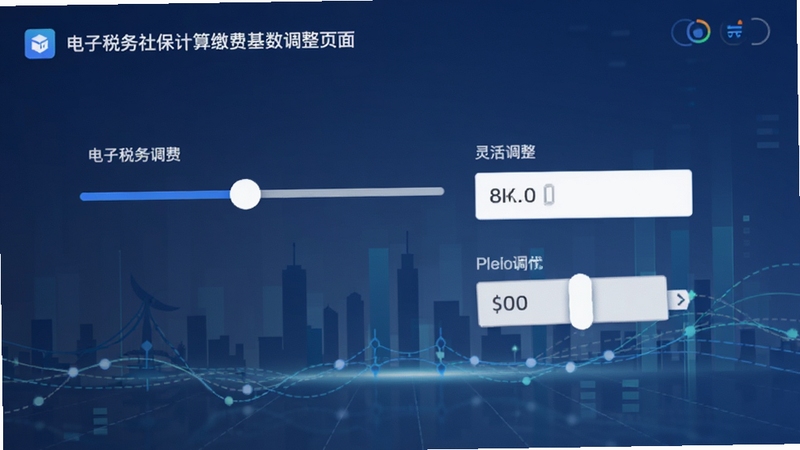 电子税务社保计算缴费基数调整页面,展示滑块与数字输入框,背景有城市剪影与数据线条,风格现代简约,体现灵活调整特性