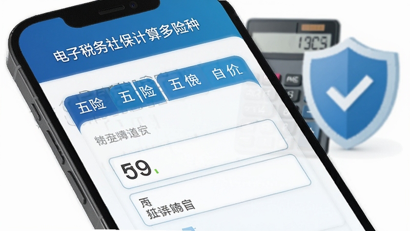 电子税务社保计算多险种计算界面,手机屏幕显示五险选项卡与数据输入框,背景有计算器与盾牌图标,色彩以蓝白为主,突出安全与精准