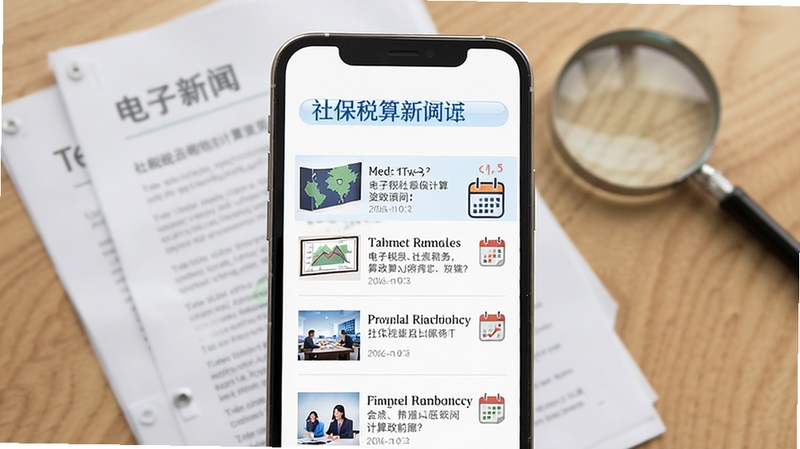 电子税务社保计算政策资讯页面,手机屏幕显示新闻列表与日历图标,背景有文档与放大镜元素,风格清新资讯化