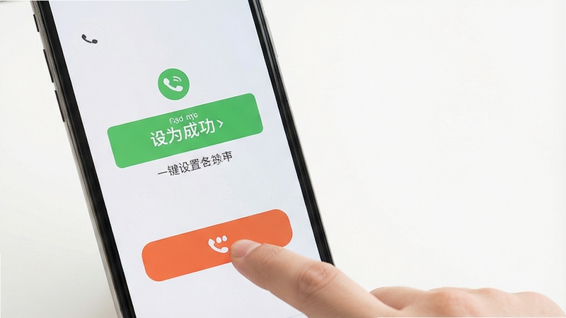 免费手机铃声来电多 一键设置铃声操作界面 画面中手指点击手机屏幕上的设为铃声按钮 屏幕显示设置成功提示 背景为白色简约风格 突出便捷操作