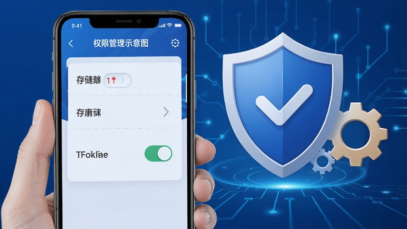 电子税务社保计算安装权限设置示意图,手机屏幕显示权限管理界面与存储开关,背景有盾牌与齿轮图标,风格安全指引