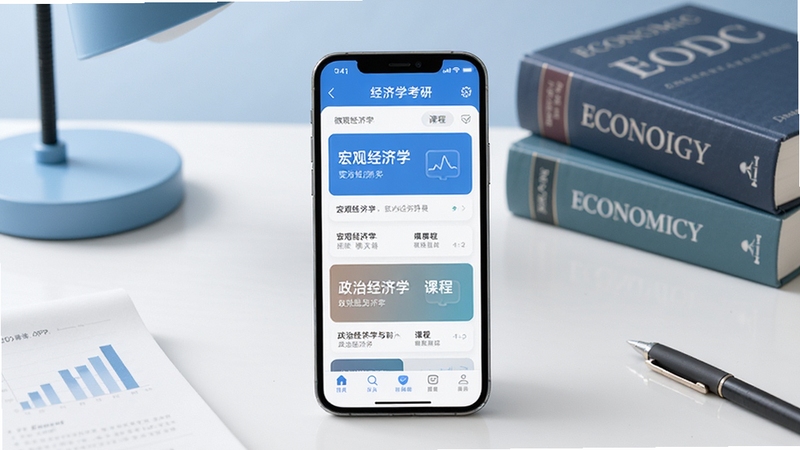 经济学考研软件主界面展示,画面中央是一部智能手机,屏幕显示经济学考研APP的首页界面,包含微观经济学、宏观经济学、政治经济学等课程卡片,背景是整洁的书桌和经济学经典教材,整体色调为清新的蓝白色系,突出学习氛围,画面风格简洁现代,适配Boogu模型生成