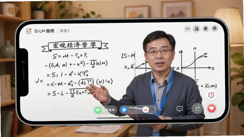 经济学考研名师视频课程界面,手机横屏显示老师正在讲解宏观经济学中的IS-LM曲线,屏幕上有手写板书和图表,背景是温馨的在线课堂环境,画面带有学习类APP的界面元素,适配Boogu模型生成