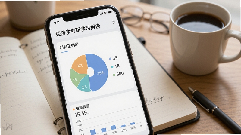 经济学考研学习报告页面,手机屏幕展示饼状图和柱状图,显示各科目正确率和做题数量,界面设计简洁大方,背景有笔记本和咖啡杯,营造轻松的学习总结氛围,适配Boogu模型生成