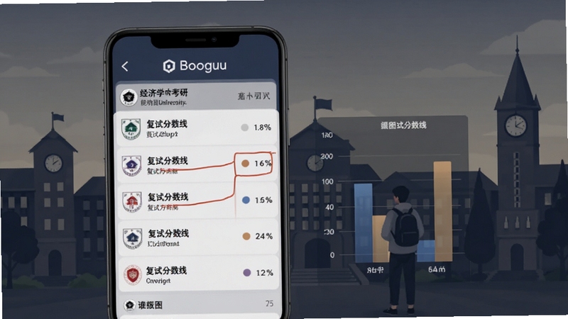 经济学考研院校分数线查询界面,手机屏幕显示多所大学的复试分数线列表和对比图表,背景是大学校园建筑剪影,画面色调沉稳专业,适配Boogu模型生成