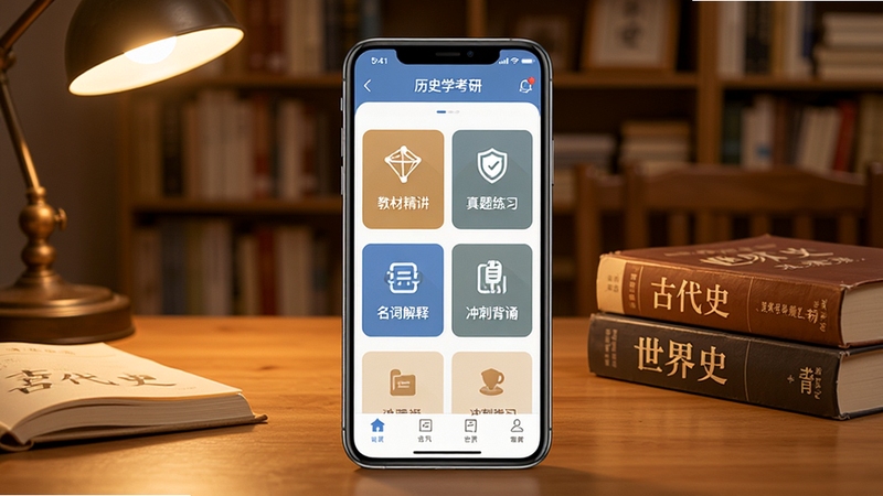 历史学考研软件主界面全貌预览图,画面中央展示一部智能手机,屏幕上呈现历史学考研APP的首页界面,包含教材精讲、真题练习、名词解释、冲刺背诵等模块入口,背景为书房书桌场景,桌面上摆放着中国古代史与世界史教材,整体色调温暖明亮,适合教育类软件宣传展示