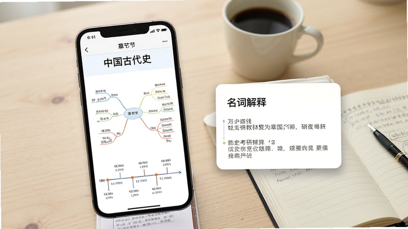 历史学考研教材精讲界面预览图,手机屏幕显示中国古代史章节的思维导图与时间轴,旁边有名词解释卡片浮动展示,背景为浅色木质书桌,桌上放着一杯咖啡和笔记本,整体风格清新学术