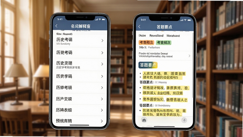 历史学考研名词解释速查界面预览图,手机屏幕展示词条列表与详情页,详情页中有考查频次标签和答题要点高亮,背景为图书馆书架场景,光线柔和,突出学习氛围