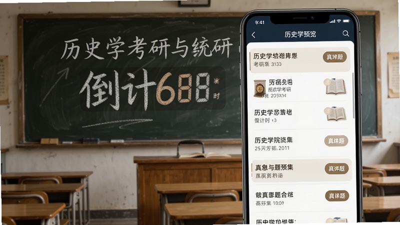 历史学考研313统考院校名单与真题合集界面预览图,手机屏幕展示院校列表和真题标签,背景为教室黑板场景,黑板上写着历史学考研倒计时,整体色调沉稳学术