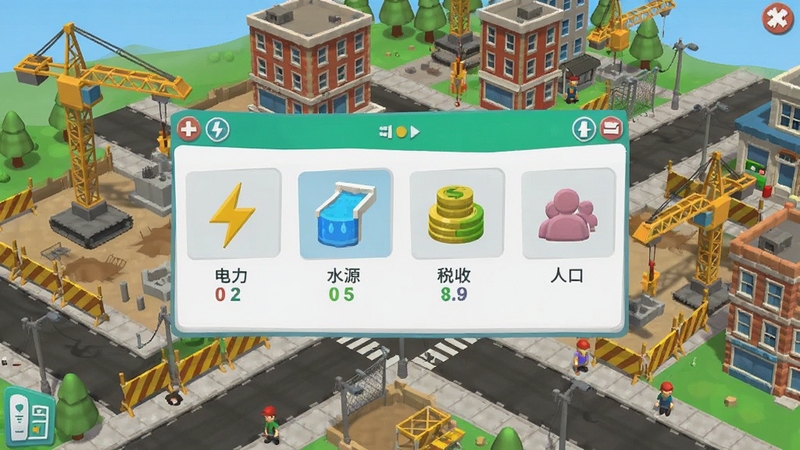 模拟城市游戏界面截图风格,画面展示一张城市资源管理面板,面板上有电力、水源、税收、人口等图标,背景是正在建设中的城市街区,有起重机与施工围挡,色彩明亮,扁平化设计,适合模拟城市游戏功能展示,Boogu模型生成,画面细节清晰,主体位于画面中央