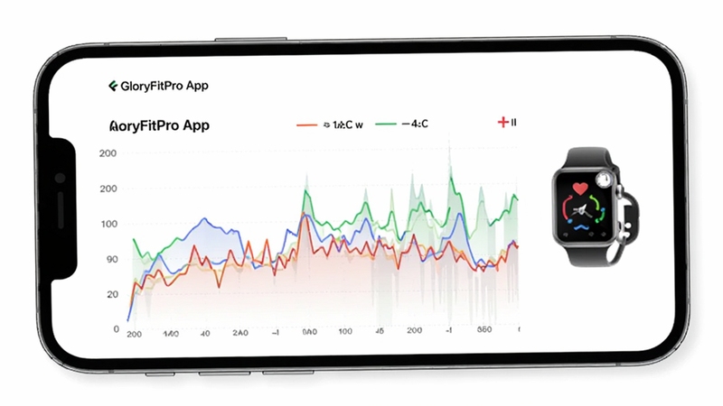 GloryFitPro App界面展示全天心率与血氧监测数据曲线图,背景为简洁白色,手机屏幕中央显示彩色折线图,旁边有智能手表同步图标,整体风格清爽科技感