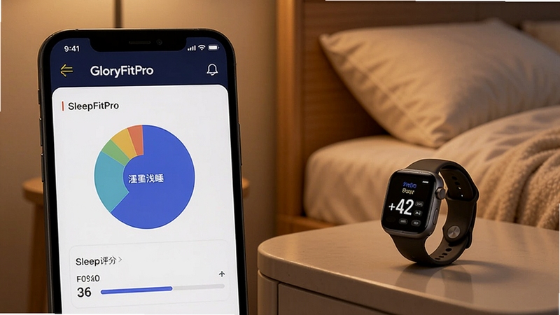 GloryFitPro睡眠监测报告页面,手机屏幕显示深睡浅睡饼状图与睡眠评分,床头柜上放着智能手表,暖色调卧室背景,柔和光线