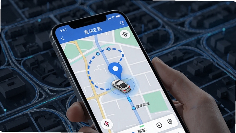 爱车易实时定位功能展示图,画面中一部手机屏幕显示爱车易APP的地图界面,地图上有蓝色定位光标和车辆图标,周围有行驶轨迹虚线,背景为城市街区道路网格,整体风格现代科技感,突出定位精准与界面友好