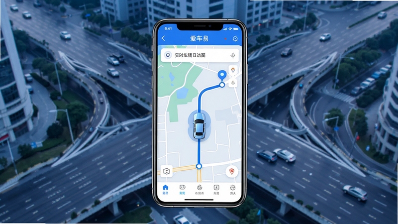 爱车易软件主界面全景展示图,画面中央为一部智能手机显示爱车易APP的实时车辆定位地图界面,地图上有明显的车辆图标和行驶轨迹线条,背景为城市道路俯瞰视角,整体色调以科技蓝与白色为主,画面干净简洁,适合作为软件下载页头图