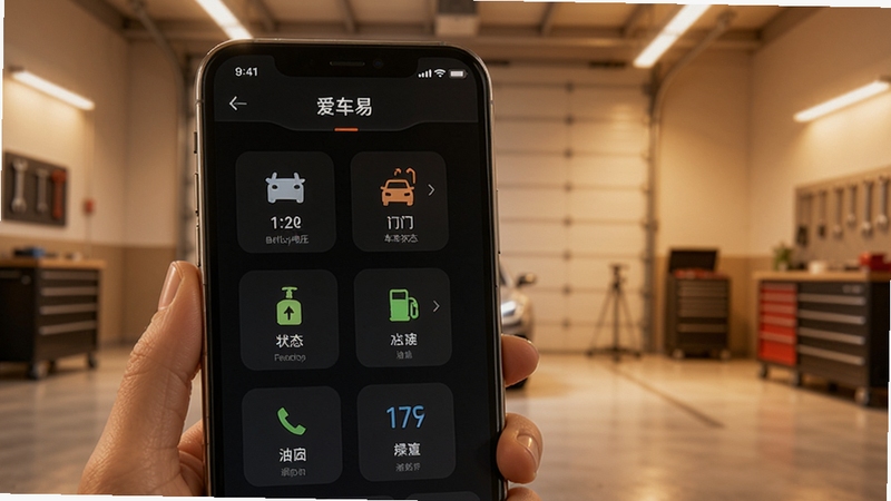 爱车易远程车辆状态查看界面图,画面中手机屏幕显示爱车易APP的车辆状态仪表盘,包含电瓶电压、车门状态、油量等图标,背景为简约车库环境,整体色调偏暖,突出科技与实用结合