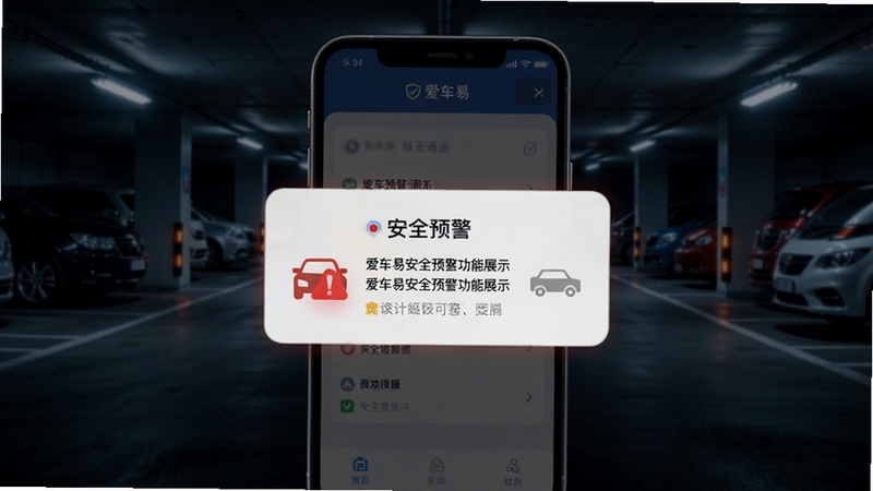 爱车易安全预警功能展示图,画面展示手机屏幕弹出爱车易APP的预警通知弹窗,弹窗内有车辆图标和感叹号提醒标识,背景为夜晚停车场场景,色调偏深色,突出安全预警的紧迫感与可靠性