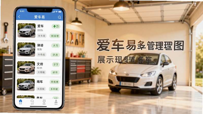 爱车易多车管理功能展示图,画面中手机屏幕显示爱车易APP的多车辆列表界面,每辆车配有缩略图和状态标签,背景为家庭车库场景,色调明亮温馨,突出多车管理的便捷性