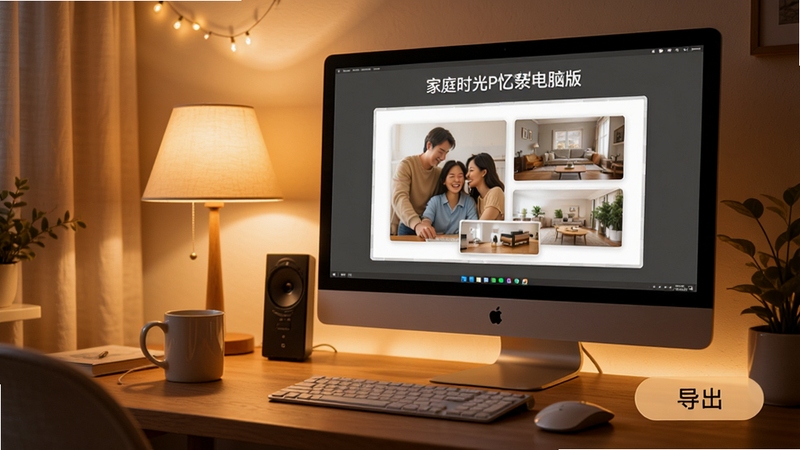 家庭时光PC电脑版 回忆录生成预览 模板选择 图文排版 导出按钮 电脑桌面 暖色背景 精致细节