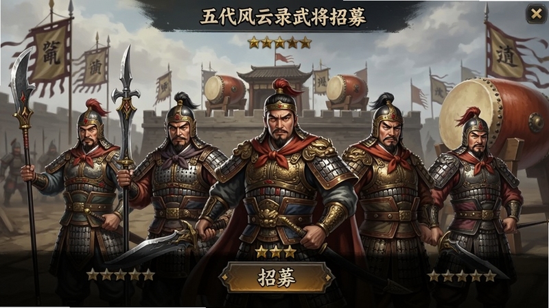 五代风云录武将招募界面,画面展示多位古代武将立绘,人物身着铠甲手持兵器,背景为点将台与战鼓,界面带有招募按钮与星级标识,整体风格写实,适配Boogu模型生成