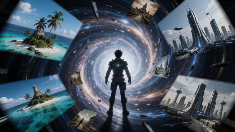 幻想时空探险 时空穿梭瞬间,角色站在旋转的时空隧道中央,周围漂浮着不同时代的碎片影像,热带岛屿与未来城市交替闪现,光影层次分明,动态感强,适合用于功能介绍配图