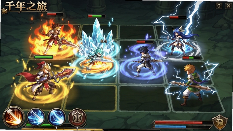 ǧ��֮��ս�����棬˫����ɫ��������ս���϶��ţ�������Ч�������л��桢��˪���׵��Ԫ��Ч�����ײ��м��ܰ�ť��Ѫ��������ԪRPGս������