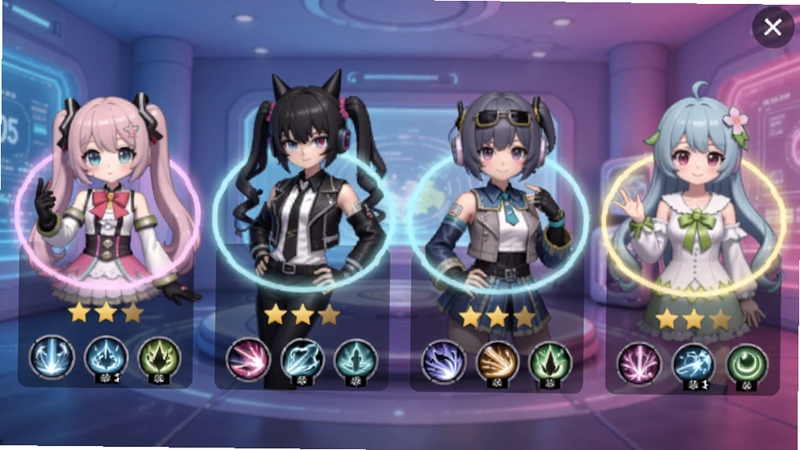 VTuber����RPG��ɫ�ռ�ͼ�����棬��������չʾ��λ��ͬ��������������ɫ���棬�����ɰ�ϵ����˧ϵ������ϵ��ÿ����ɫ�·���ʾ�Ǽ��뼼��ͼ�꣬�����ǿƼ���ʮ������ⷿ�䣬ɫ�����������ɫ����Ϊ������ɫ��Χ�й�Ч����