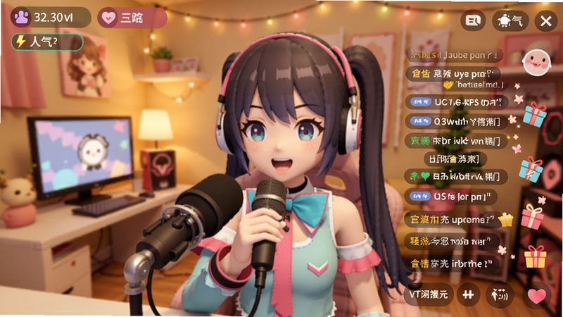 VTuber����RPGֱ����������������������һλ����������ɫ���ڶ�����˷糪�裬��Ļ�Ҳ������Ļ��������Ч����˿��������ֵ�����Ͻ���ʾ����������ܰ��ֱ�����䲼�ã�ɫ����ů�����ɫΪ�����������